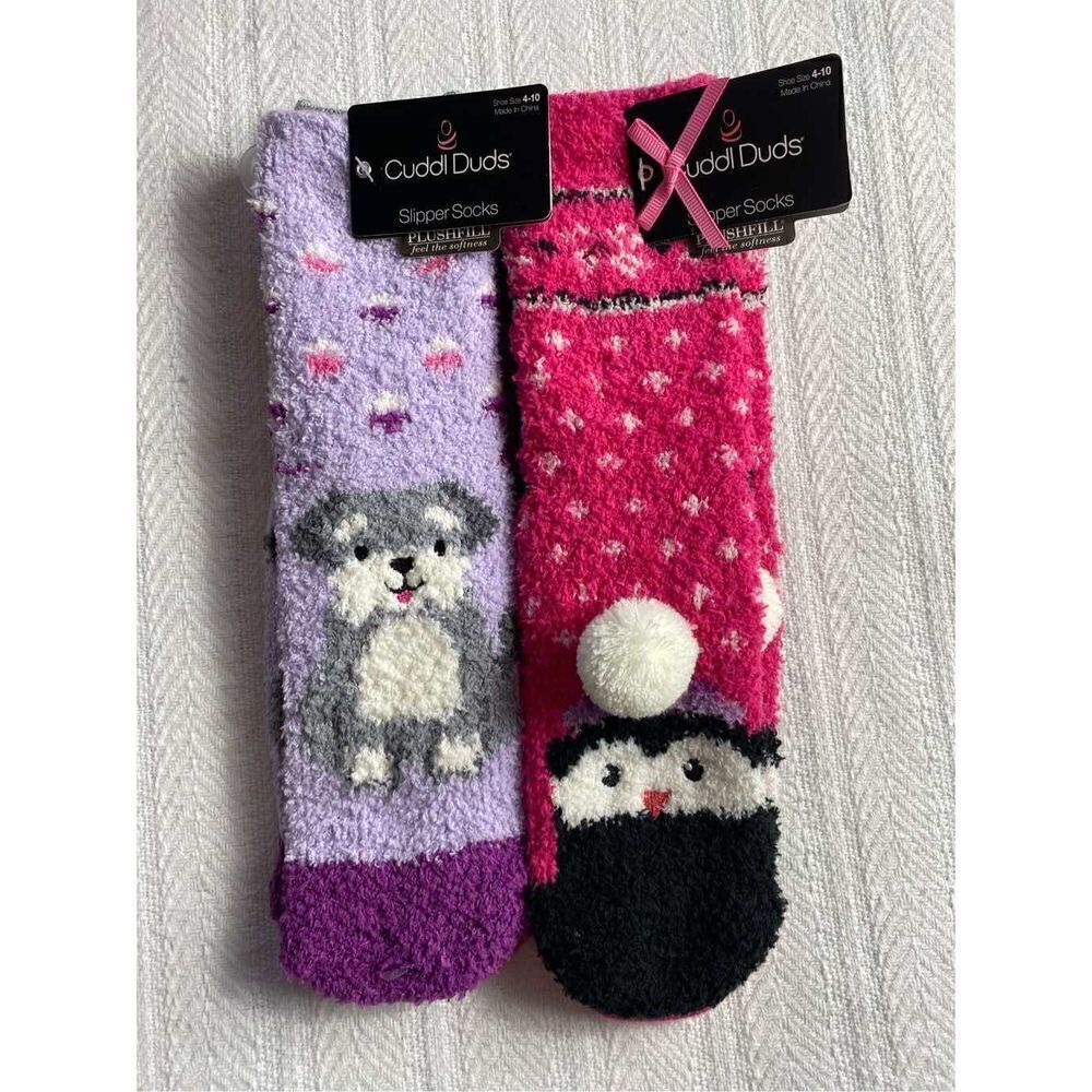 Cuddl Duds Girls Shoe Size 4-10 Lounge Crew Slipper Socks Total 4 Pr